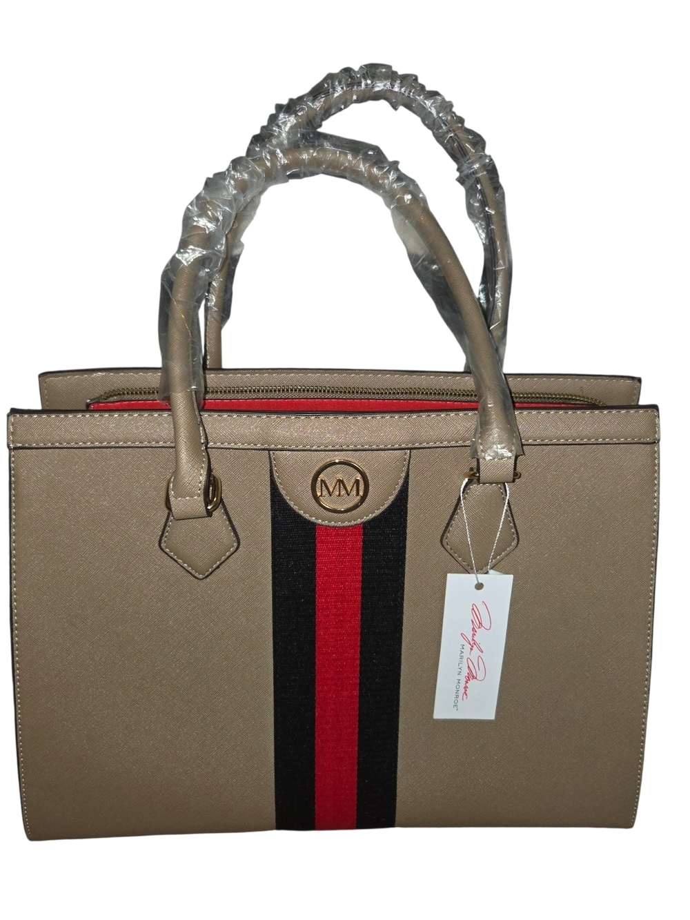 Marilyn Monroe Beige Satchel with Black and Red Center Stripe - Picture 2 of 13